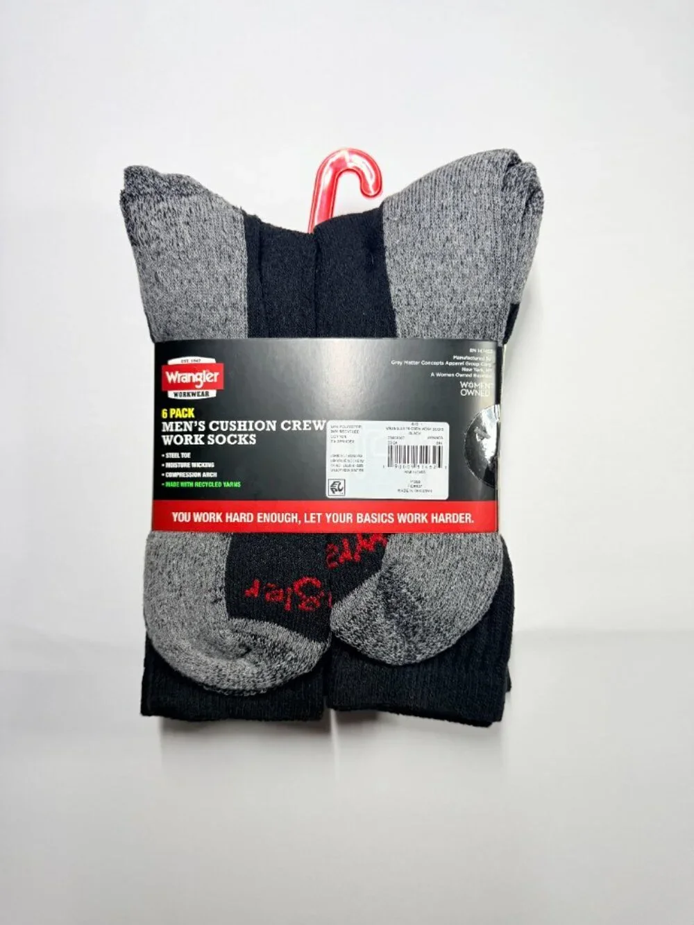 Wrangler Men's Cushion Crew Work Socks Black 6 Pack Arch Support Durable Sz 6-12